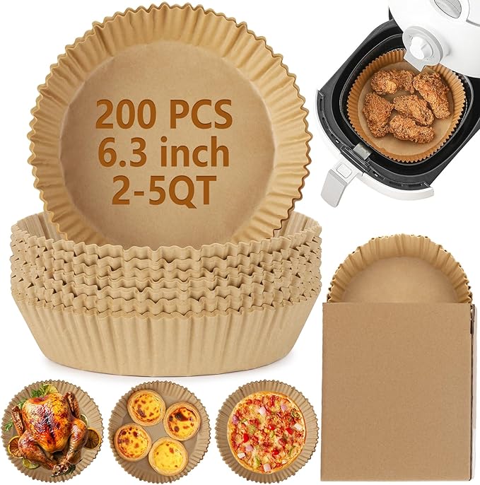200Pcs Air Fryer Disposable Paper Liner, Round Non-Stick Air Fryer Liners Parchment Paper for Baking Roasting Roasting Microwave Oven (6.3 inch)
