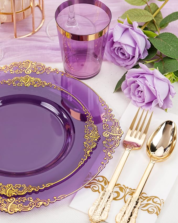 Nervure 350PCS Purple Plastic Plates - Purple Plastic Dinnerware Sets for 50 Guests - 100 Disposable Plates, 150 Gold Silverware, 50 Cups, 50 Napkins for Wedding & Party