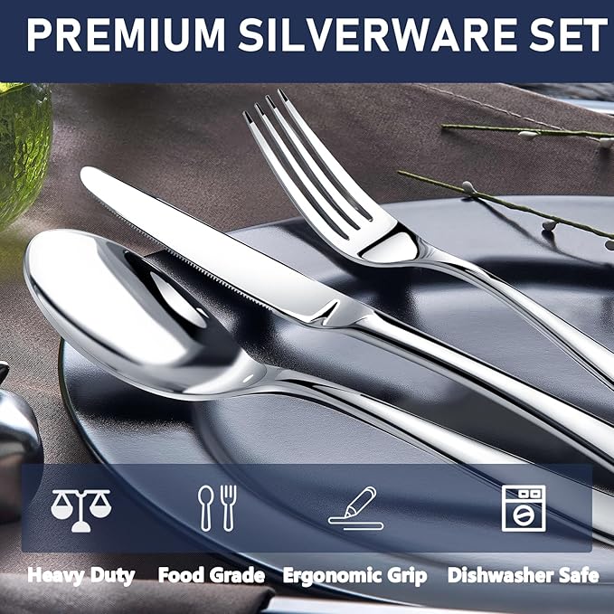 Heavy Duty Silverware Set for 6, 30 Piece Premium Stainless Steel Flatware Utensils Cutlery Set Including Steak Knife Fork and Spoon, Dishwasher Safe, Gift Package for Wedding Housewarming
