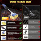 Grill Cleaning Brush Bristle Free for Outdoor Grill Brush Extended Handle for Cast Iron Stainless-Steel Grates, Replaceable BBQ Cleaner Brush Head, Steam Safe Grill Brush with Scraper, Purple