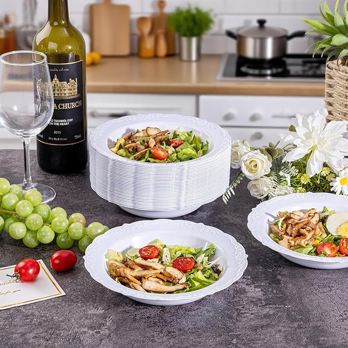 DaYammi 50 Pack Plastic Bowls, 12oz Disposable Soup Bowls, Heavy Duty Dinner Bowls for Weddings, Parties, Dinners, Catering and Everyday Use