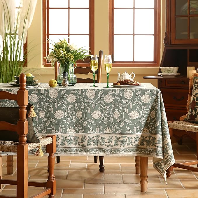ISAENNE Designer Grayish Green Linen Small Square Tablecloth,Floral Stain Resistant Table Cloth,Fall Vintage Decor Tablecloths for Dining Thanksgiving Kitchen Tea Party,55"*55"-Andrew A