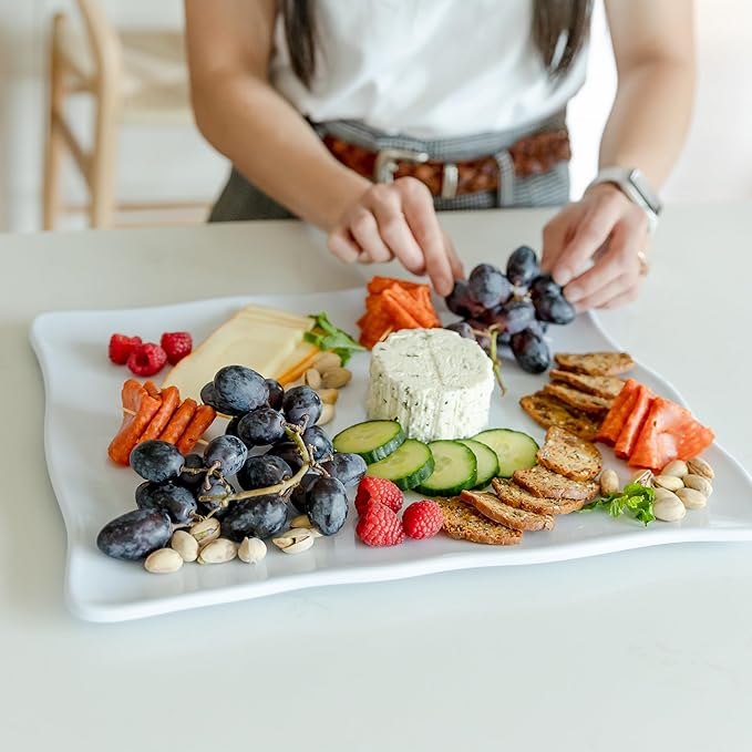 Large Melamine Tray 15" x 11" - Rectangular White Serving Tray and Platter for Food, Appetizers, Cookies, Grill or Party Snacks - Dishwasher Safe - Set of 2
