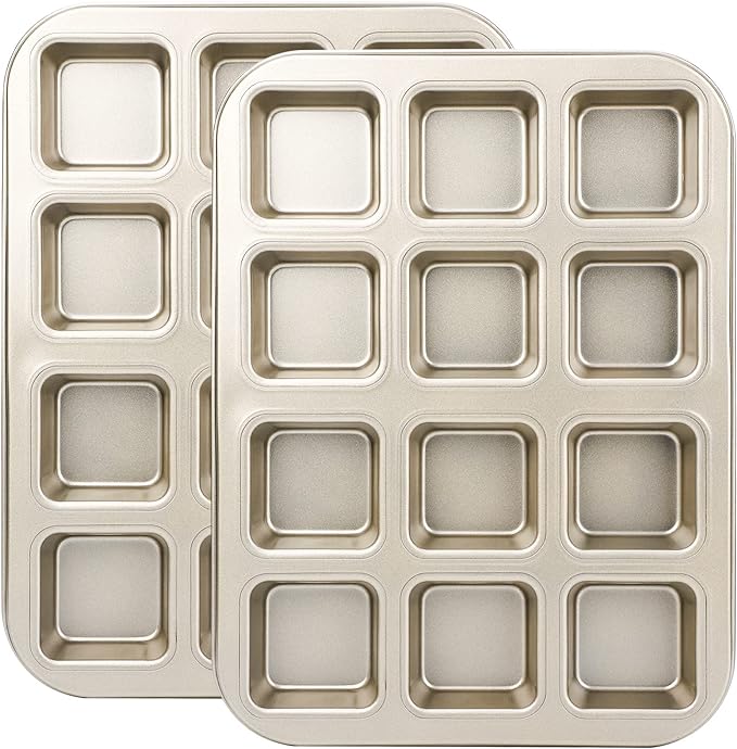 Beasea Brownie Pan with Dividers, 2 Set Gold All Edges Square Cupcake Brownie Pans 12 Mini Cavity Non Stick Baking Carbon Steel Bread Mold Small Edge 3x4 Individual Cutter Sheet Tray for Cake Oven