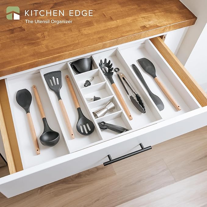 KitchenEdge Adjustable Kitchen Drawer Organizer for Utensils and Junk, Food-Safe Contract Grade with 100% Sustainable Wood, Expandable from 16 to 28 Inches Wide - White Bamboo