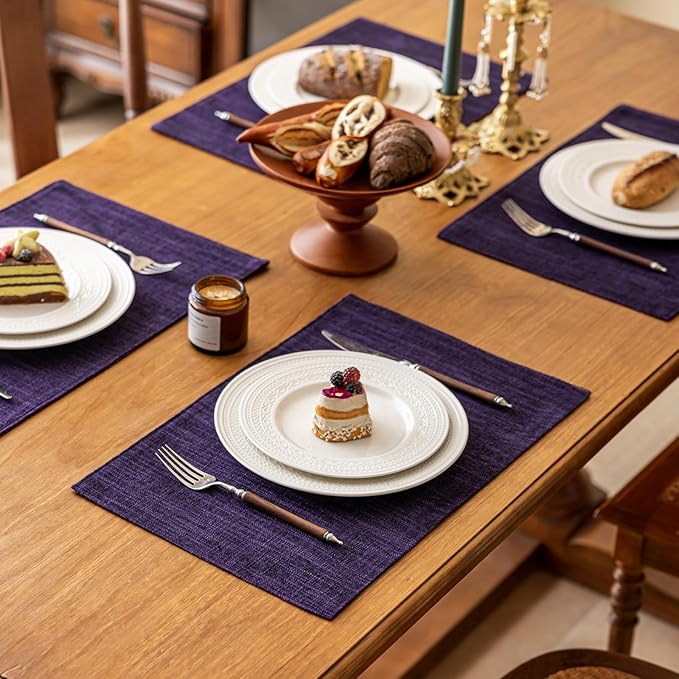 KXN Placemats Set of 4, Dual-Layer Thickened Faux Linen Table Mats, Heat Resistant & Wrinkle-Free, Machine Washable Cloth Place Mats for Kitchen Dining Indoor Outdoor (Purple)