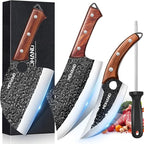 MDHAND Butcher Knife Set, 4PCS Hand Forged Butcher Chef Knife Set with Gift Box, Meat Cutting Knife for Kitchen, Bone Chopper Knives & Viking Knives for Home & Camping & Outdoor, BBQ Gift for Men