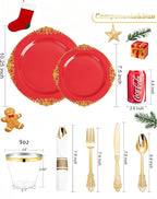Nervure 350PCS Red Plastic Plates - Red Gold Plastic Dinnerware Sets for 50 Guests - 100 Gold Disposable Plates, 50 Pre Rolled Silverware Sets, 50 Cups Perfect for Wedding & Party & Christmas