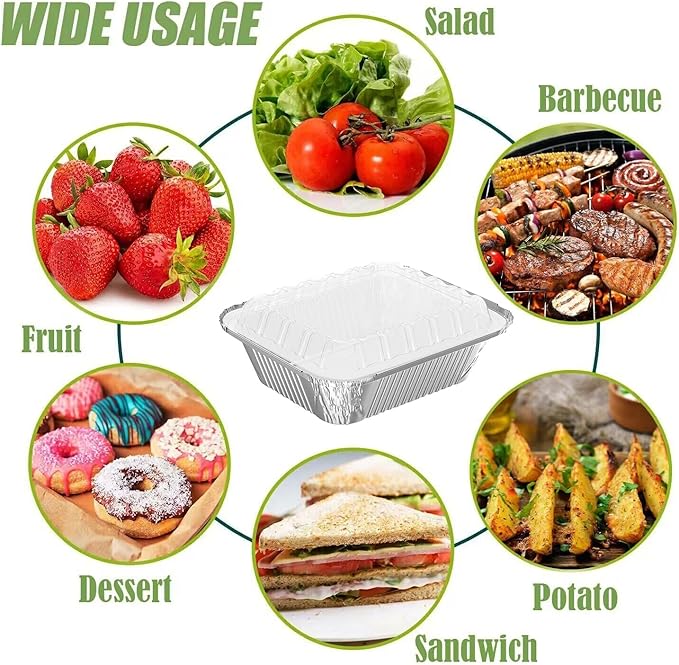 WANBAO 150 PACK 8.3"x6.2" Disposable Tin Foil Pans with Plastic Lids 2.25LB Aluminum Foil Food Containers for Cooking, Baking, Catering Party Meal Prep, Take Out, Freeze, Food Storage