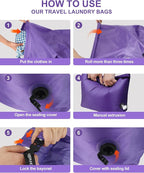 Travel Laundry Bag, Pump Free Vacuum Storage Bag Reusable Compression Dirty Clothes Travel Bag Waterproof Wet Dry Bags Large Capacity Space Saver Bags Camp Clothes Organizer (1 Pcs)(Purple, L)