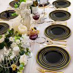 bUCLA 600PCS Black and Gold Disposable Dinnerware Set - Black Plastic Plates Disposable for Party Include 100 Dinner&100 Dessert Plates,100 Knives,100 Forks,100 Spoons,100 Cups for Party & New Year