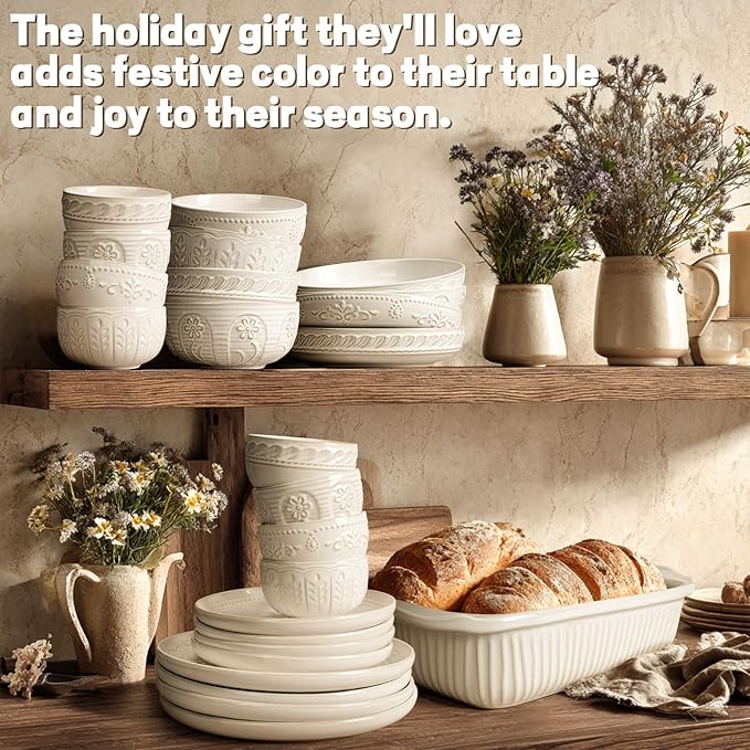 Artena Small Bowls Set of 4, 12 oz Ceramic Embossment Dessert Bowls, white Bowl for Kitchen, Ice Cream, Side Dishes, Rice, Cereal, Fruit, 4.5 Inch, Microwave & Dishwasher Safe, Multiple Patterns