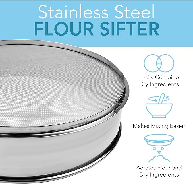 Stainless Steel Flour Sifter Fine Mesh Round Flour Sieve for Baking 8" Diameter x 2.5" High; 30 Mesh (Hole Size 0.6mm)