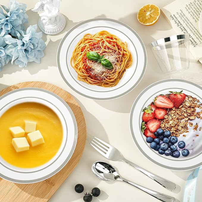 BESTVIP 100 Pack Plastic Disposable Soup Bowls, 12 oz White Dessert Bowls with Silver Rim, Heavy-duty Salad Bowl for Party, Wedding, Christmas, Thanksgiving, Dinner, Catering