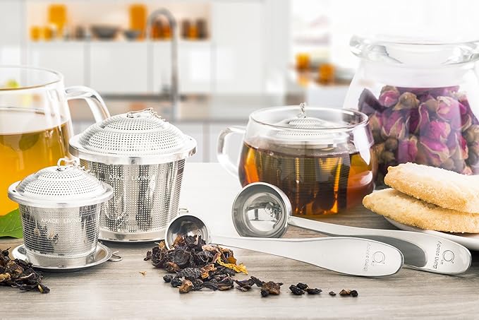 Large Tea Infuser (Set of 2) with Tea Scoop and Drip Trays by Apace – Multi Cup Size Stainless Steel Loose Leaf Tea Strainer and Steeper