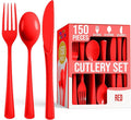 Party Solids Red Plastic Silverware Heavy Duty 150 Pieces Red Plastic Cutlery Sets, Utensil Sets, 50 Of Each Forks, Knives & Spoons Disposable Cutlery Set, Flatware Set For Party Supplies