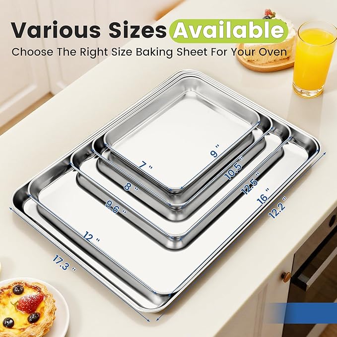 12 Pack Stainless Steel Baking Sheet Pans, 12.5" L × 9.6" W × 1" H Cookie Sheets for Toaster Oven, Rust-Resistant, Dishwasher Safe
