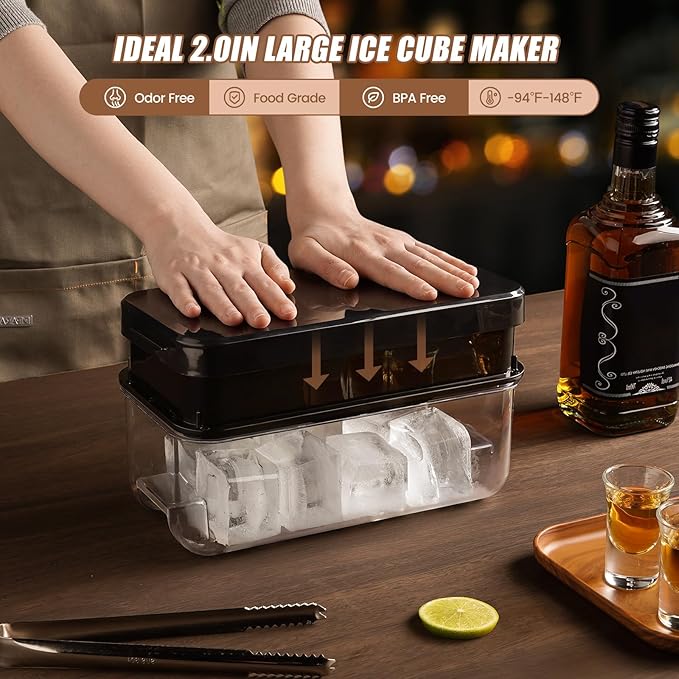 PHINOX Large Ice Cube Tray with Lid and Bin, Ice Trays for Freezer, 2 INCH Whiskey Ice Cubes Mold, 2*8 pcs Square Ice Cube Mold with Tong, Easy to Release, Large Ice Tray for Whiskey Cocktail Bourbon