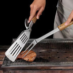 Grill Utensils Set -Innovative 2 in 1 Grill Tongs-Spatula & Barbecue Meat Forks with Long Wooden Handle for Outdoor Grilling,Cooking and Griddling