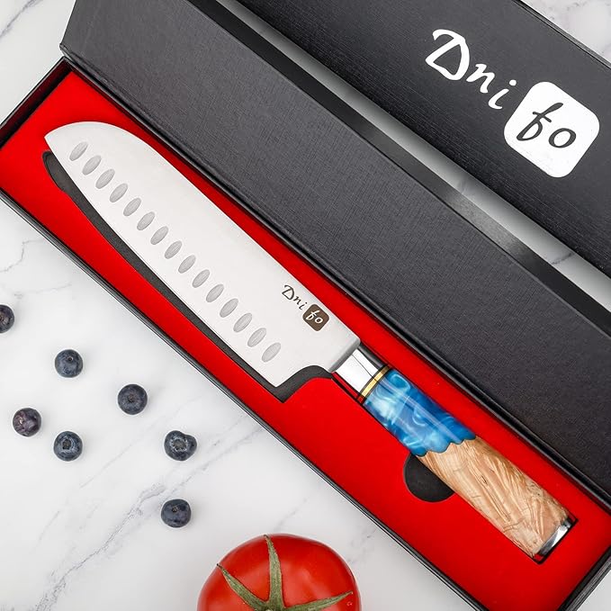 Santoku Knife 7 Inch, Ultra Sharp Japanese Chef Knife, High Carbon Stainless Steel Kitchen Knife with Gift Box and Resin Wood Handle, Ideal Gift for Men and Women