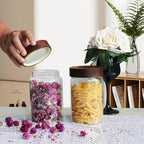 Airtight Glass Jars with Wooden Lid Glass Spice Jar Round Glass Storage Canister for Pantry Sugar Tea Coffee Bean Nuts Cookies Bath Salts (900ML*2PACK)