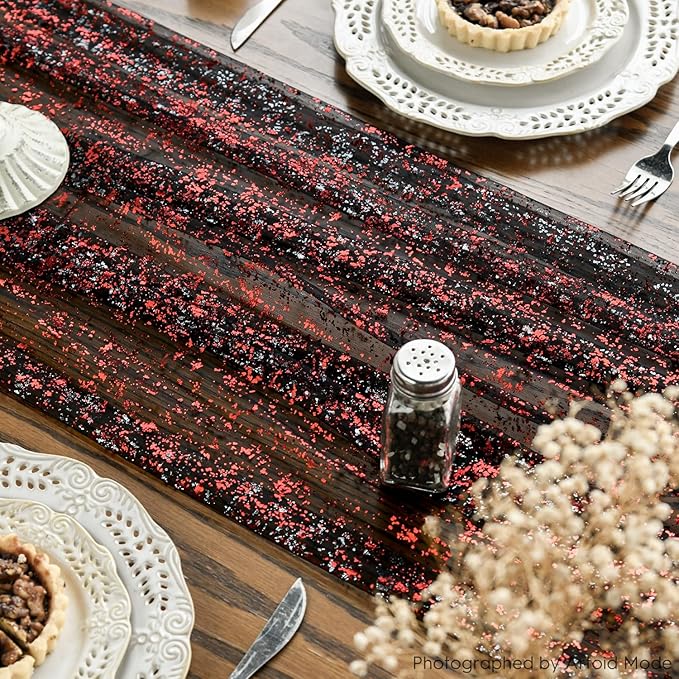 Artoid Mode Black Red Gold Gauze Table Runner 120 Inch 10FT, Glitter Metallic Foil Sheer Dining Wedding Anniversary Holiday Table Decor for Home Party