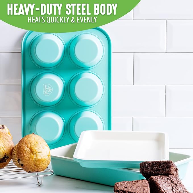 GreenLife Bakeware Healthy Ceramic Nonstick, 4 Piece Toaster Oven Baking Set with Cookie Sheet Muffin and Cake Pan, PFAS-Free, Turquoise