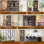 70.8" Tall Black Bookshelf with Glass Doors, Farmhouse Modular Bookcase with 6-Tier Adjustable Shelves, Large Storage Cabinet for Home Office, Living Room