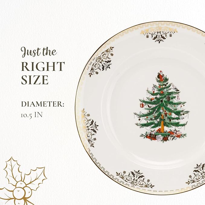 Spode Christmas Tree Gold Dinner Plate, 10 Inch - Celebratory Holiday Serveware, Classic Holiday Plate with Nostalgic, Festive Design - Fine Porcelain, Warm Oven & Dishwasher Safe