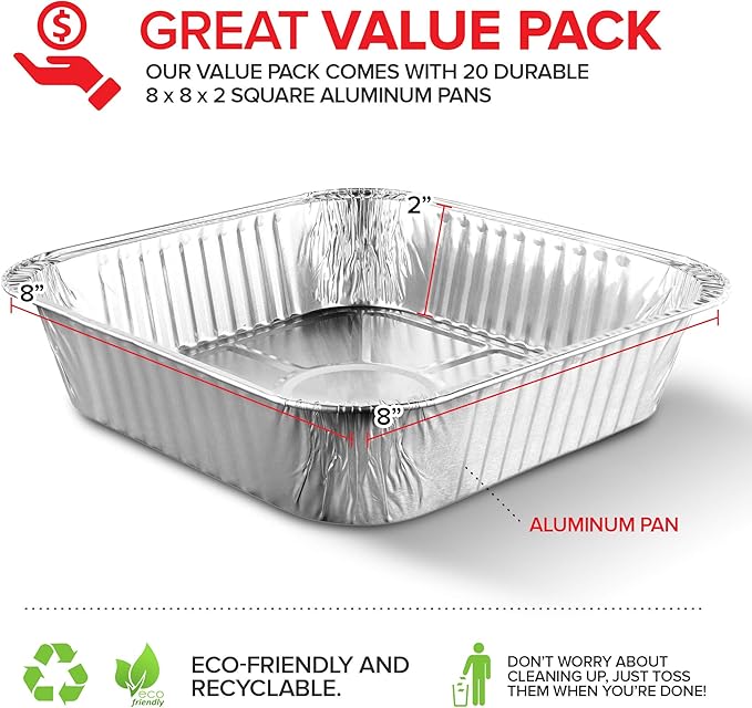 Aluminum Pans 8x8 Disposable Foil Pans (20 Pack) - 8 Inch Square Pans - Tin Foil Pans Great for Cooking, Heating, Storing, Prepping Food