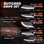 Huusk Butcher Knife Set, 8pcs Viking Chef Knife Set with Roll Bag, High Carbon Steel Forged Viking Knife, Meat Cleaver, Kitchen Knives Sets for Cooking Camping BBQ, Gift for Men Husband