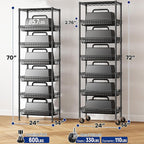 7 Tier Wire Shelving Unit with Wheels 72" H Adjustable Basket Shelf Storage Shelves with Hooks for Kitchen Bathroom Garage Closet Laundry Room Organization 72" H x 24" W x 14" D, Black