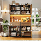 FINETONES 71" Pantry Cabinet with LED Light and Charging Station, Farmhouse Kitchen Pantry Cabinet with Microwave Stand, 47.2" Wide Kitchen Hutch Food Pantry with Open Countertop, Black/Brown