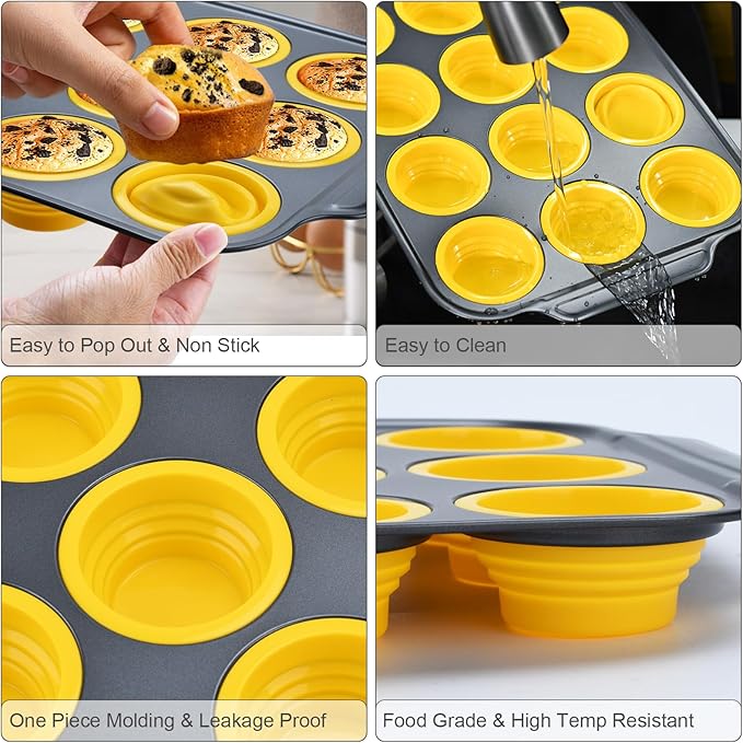 Silicone Muffin Pan, 12 Cups Cupcake Pans with Metal Frame Nonstick Muffin Tins Easy to Pop Out for Baking Cupcake Egg Bites BPA-free Cupcake Pan Mold (12 Cups Yellow)