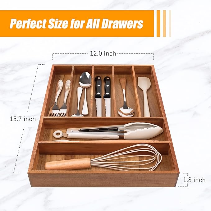 Bellsal Bamboo Silverware Organizer, 12"x15.7" Utensil Holder Cutlery Tray with Grooved Drawer Dividers for Kitchen Flatware, Bedroom, Office (7 Slot, Acacia)