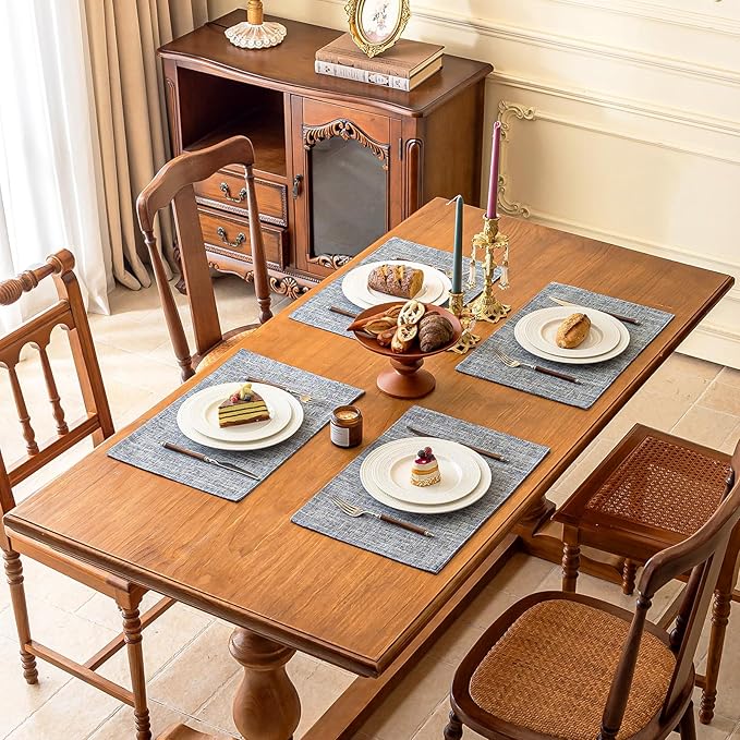 KXN Placemats Set of 6, Dual-Layer Thickened Faux Linen Table Mats, Heat Resistant & Wrinkle-Free, Machine Washable Cloth Place Mats for Kitchen Dining Indoor Outdoor (Light Grey)
