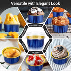 EUSOAR Aluminum Foil Baking Cups with Lids, Royal Blue 100pcs 5oz Creme Brulee Ramekins Disposable, Muffin Liners Cups，Mini Cheesecake Foil Pans Dessert Containers with Lids for Party Favor Birthday