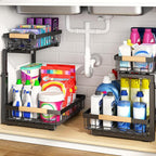PXRACK Large Under Sink Organizer, Adjustable Height, 2-Tier Slide Out,Thickened Metal Shelf Under Sink Storage for Kitchen, Bathroom, Cabinet,Pantry,Black,1 PACK,Small Space-saving