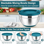 TeamFar Mixing Bowls, 6 PCS Stainless Steel Nesting Salad Bowl with Lids & 3 Graters, For Kitchen Cooking Serving Prepping, Airtight & Non-Slip, Size 4.6/3.5/2/1.5/1/0.7 QT, Blue