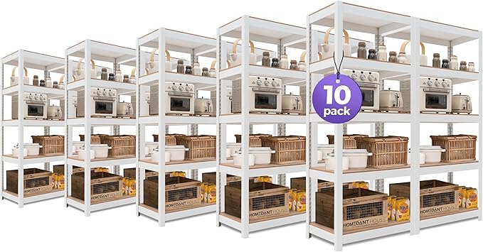 HOMEDANT House 5 Tier 24.4" W Laminated Metal Shelving Unit Adjustable Storage Utility Rack Heavy Duty Shelves Organization Multipurpose Shelf Kitchen Garage Pantry Closet 10 Pack