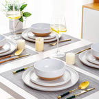 AmorArc Ceramic Dinnerware Sets for 4, 12 Pieces Handpainted Plates and Bowls Set with Rustic Terracotta Underside, Scratch Resistant Stoneware Dishes Set, Dishwasher & Microwave Safe, White