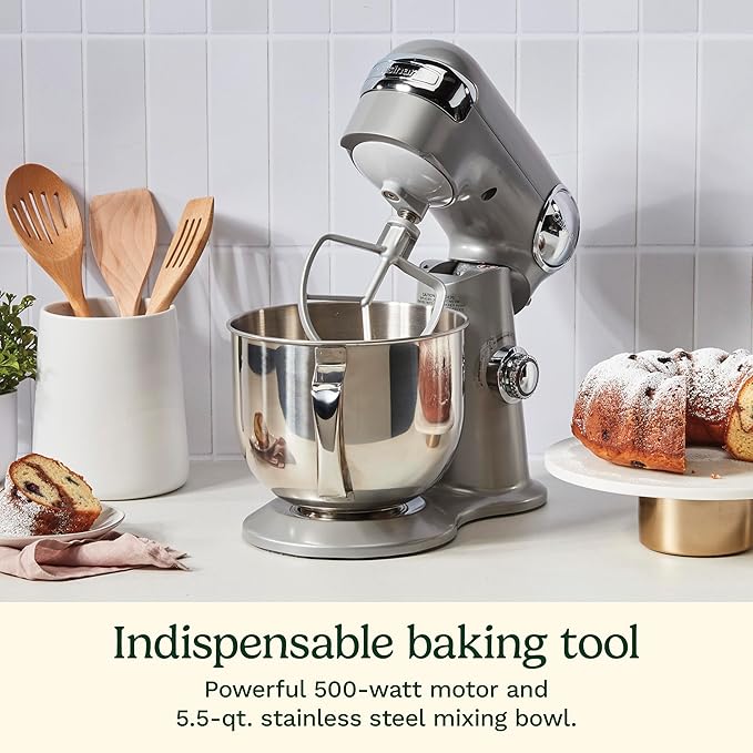 Cuisinart Stand Mixer, 12 Speeds, 5.5-Quart Mixing Bowl, Chef's Whisk, Flat Mixing Paddle, Dough Hook, and Splash Guard with Pour Spout, Silver Lining, SM-50BC, Silver Lining