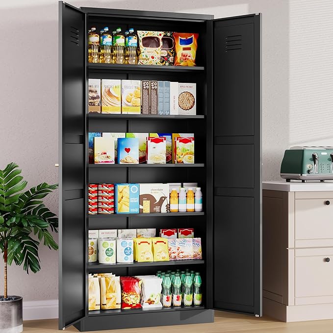 SISESOL Black Storage Cabinet,71" Tall Pantry Cabinet,Kitchen Pantry Storage Cabinets with 2 Doors and 6 Shelves,Wide Deep Metal Food Cupboard for Home,Kitchen,Dining/Living Room