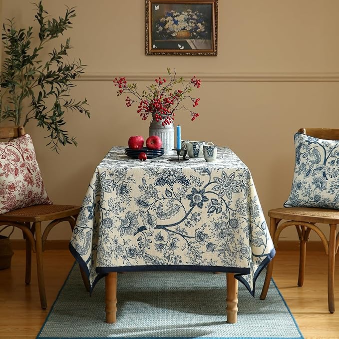 ISAENNE Designer French Linen Extra Long Rectangle Tablecloth,Blue Floral Washable Indoor Table Cloth,Durable Home Decor Tablecloths for Dining Thanksgiving Kitchen Party,63"*110"-Ruyi B