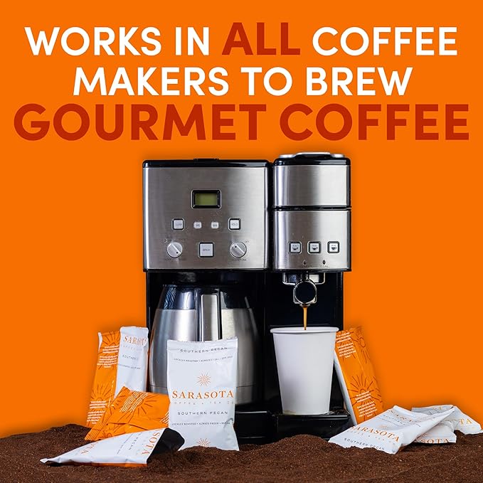 Sarasota Coffee Flavored Ground Packets | Southern Texas Butter Pecan | Gourmet Medium Roast Bulk Coffee Packs | Low Acid Mold Free Individual Pouches for 12 Cup | 2.5 Ounce Bags, 36 Count