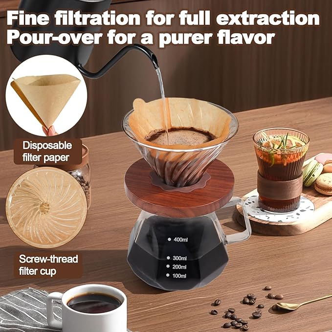 Pour Over Coffee Maker Set 400ml Portable with 50 Pcs Filter Paper Glass Coffee Maker High Borosilicate Glass Eagle Beak Spout Design Walnut Wood Base for Pour Over Dripper for Daily Brewing