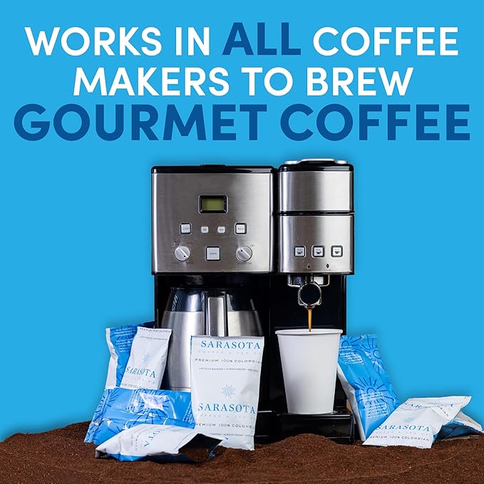 Sarasota Coffee Ground Packets | Gourmet Colombian Medium Roast Ground Coffee Packs | Columbian | Low Acid Mold Free Individual Single Pot Pouches for 12 Cup Coffee Maker | 2 Ounce Bags, 12 Count