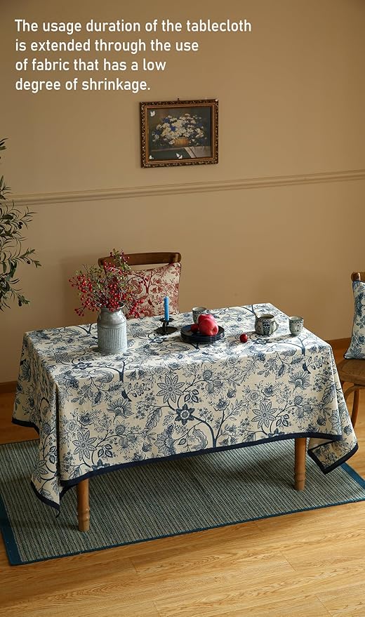 ISAENNE Designer French Linen Extra Long Rectangle Tablecloth,Blue Floral Washable Indoor Table Cloth,Durable Home Decor Tablecloths for Dining Thanksgiving Kitchen Party,63"*110"-Ruyi B