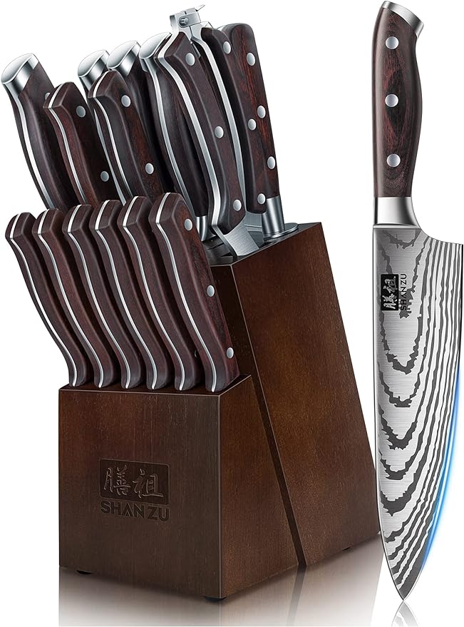 SHAN ZU Knife Set 16 pcs, Japanese Kitchen Knife with Block High Carbon Stainless Steel Ultra Sharp Knife for Kitchen, Professional Chef Knife Set with Sharpener
