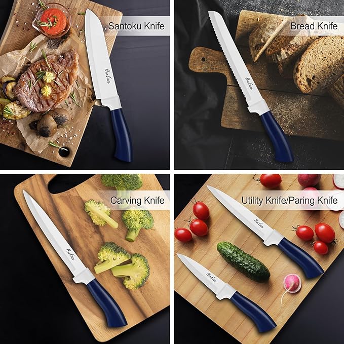 Kitchen Knife Set with Block and Build-In Sharpener,14-Piece German High Carbon Stainless Steel Knives Sharp Blade, Dishwasher Safe (14pcs-blue with white ceramic coating)